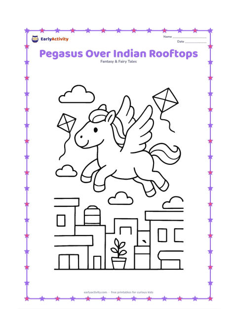 Colouring page: Draw a pegasus flying above a simple Indian neighbourhood with flat rooftops, a water tank, potted plants and a few fluttering plain kites. Keep the buildings low and uncluttered.