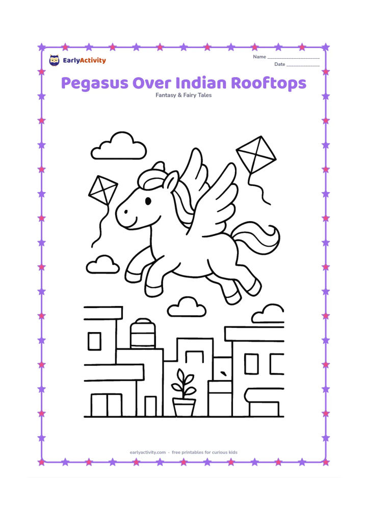 Colouring page: Draw a pegasus flying above a simple Indian neighbourhood with flat rooftops, a water tank, potted plants and a few fluttering plain kites. Keep the buildings low and uncluttered.