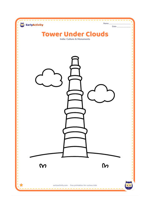 Colouring page: Show Qutub Minar rising above two large puffy clouds and a simple grassy ground, with the tower's balconies clearly separated. Keep the composition spacious and front-facing.