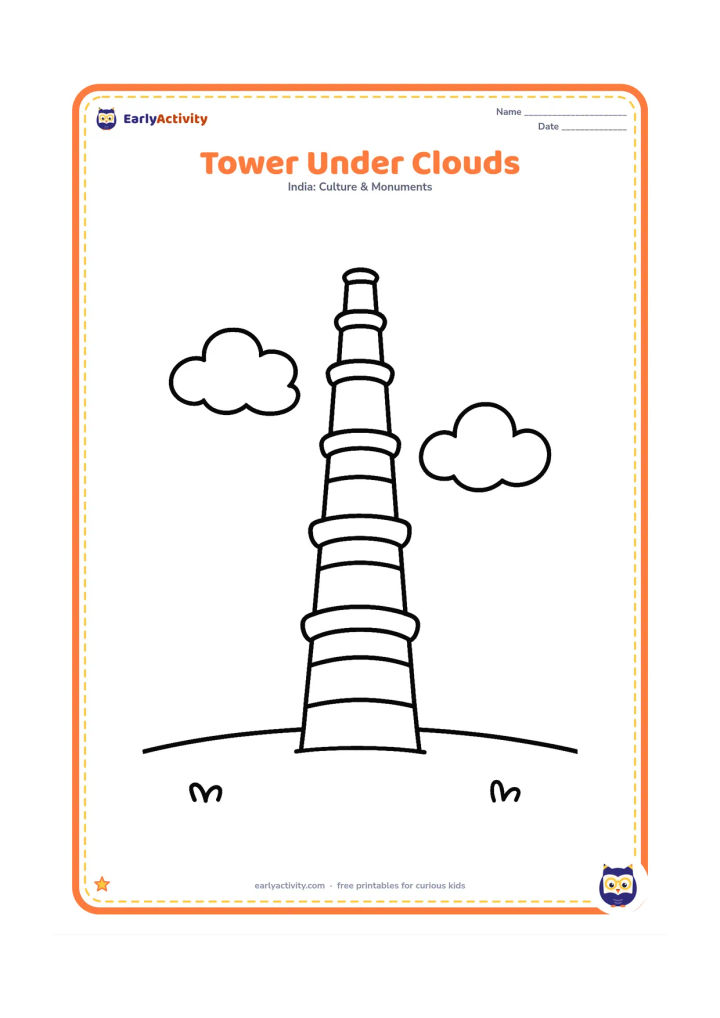 Colouring page: Show Qutub Minar rising above two large puffy clouds and a simple grassy ground, with the tower's balconies clearly separated. Keep the composition spacious and front-facing.