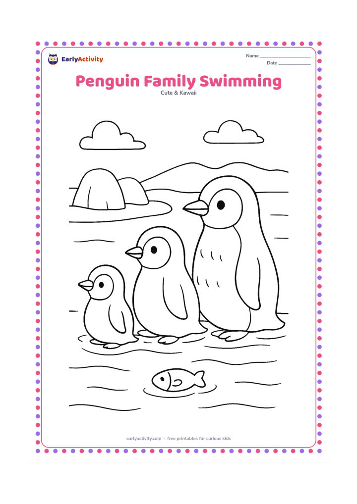 Colouring page: Three penguins of different sizes paddle together through calm water near a snowy shore. Add rounded icebergs, a floating fish-shaped toy and distant snowy hills.