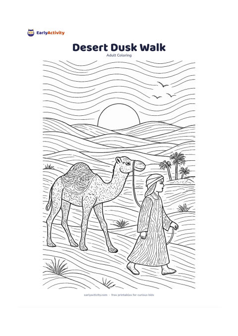 Colouring page: A person walking beside a calm camel along a desert path at dusk, with layered dunes, sparse grasses, a small oasis and a large setting sun. Add repeating curved dune lines and a few…