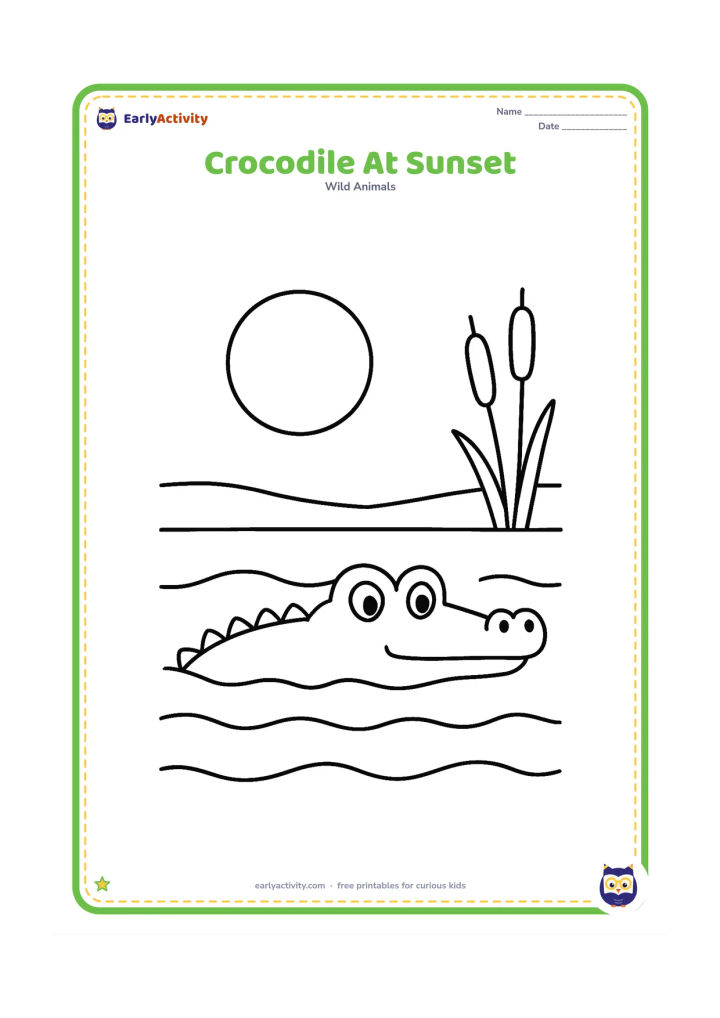 Colouring page: Draw a crocodile swimming across a calm river beneath a large setting sun, with a simple far bank and two tall reeds in silhouette-like outline. Show the crocodile's eyes and nostrils…
