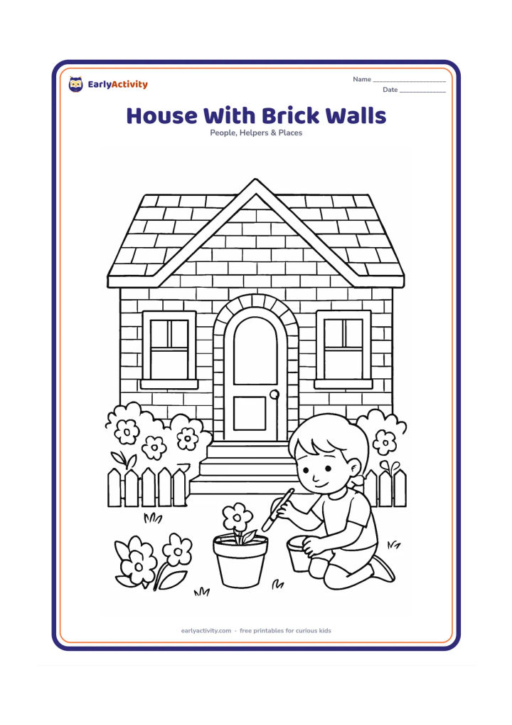 Colouring page: Draw a single-storey brick house with a pitched roof, arched doorway, windows, steps, low fence and flowering shrubs. Show a child painting a flower pot beside the entrance.