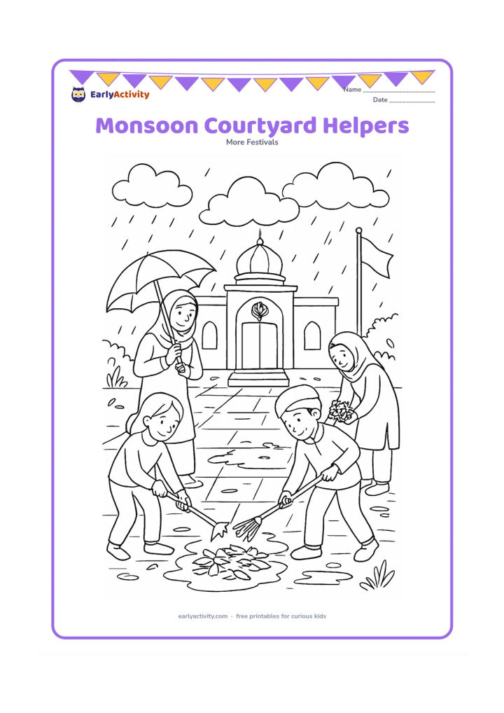 Colouring page: Draw children and adults working together after rain to clear leaves and small puddles from a gurdwara courtyard, while one person holds an umbrella and another places flowers near the…