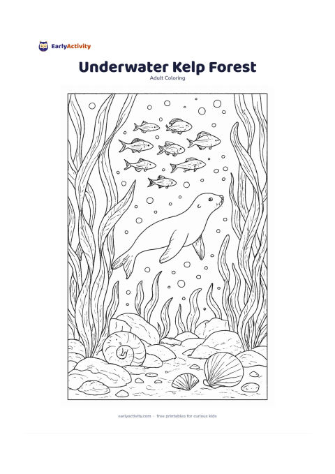 Colouring page: Tall kelp fronds rise from a rocky ocean floor around a school of fish, a sea lion, shells and drifting bubbles. Create depth with a few large foreground kelp leaves and lighter open…