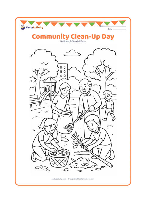 Colouring page: Draw children, parents and an older neighbour working together to clean an Indian park, sorting leaves into baskets and placing a fallen branch beside a compost area. Include a…