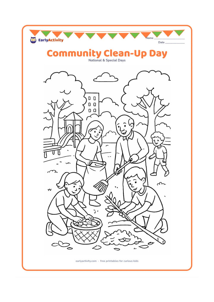 Colouring page: Draw children, parents and an older neighbour working together to clean an Indian park, sorting leaves into baskets and placing a fallen branch beside a compost area. Include a…