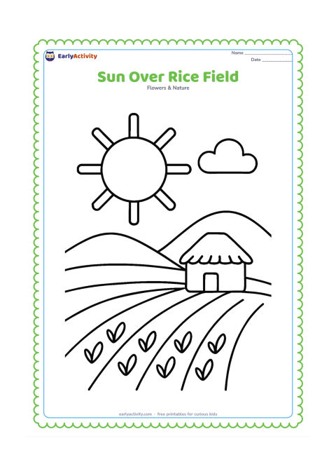 Colouring page: Draw a large sun above a simple Indian countryside scene with two low hills, a small hut, a few rows of rice plants and one curved cloud. Keep the sun prominent.