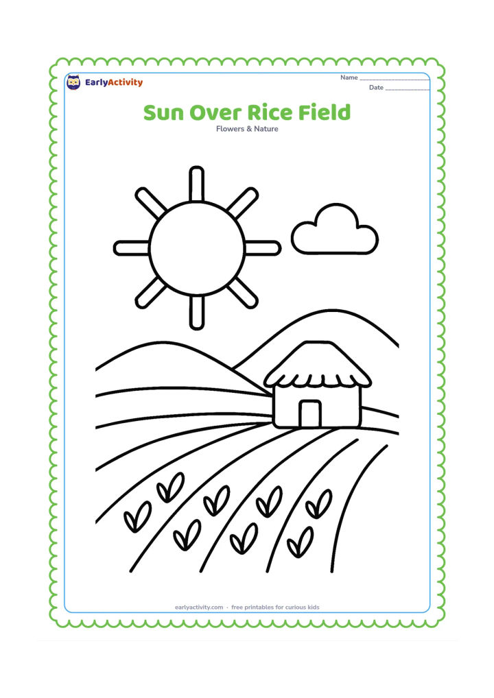 Colouring page: Draw a large sun above a simple Indian countryside scene with two low hills, a small hut, a few rows of rice plants and one curved cloud. Keep the sun prominent.