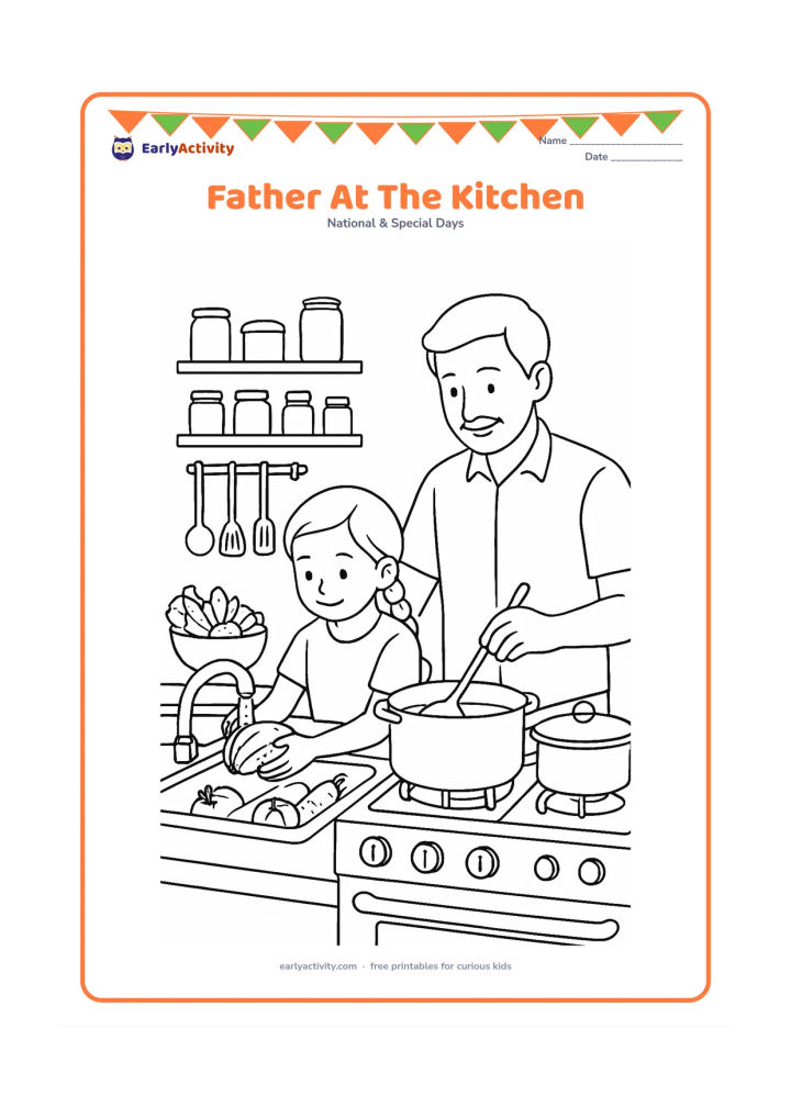 Colouring page: A father prepares a family meal with a child helping to wash vegetables in an Indian kitchen, including a stove, spice jars without labels, utensils, a sink and open shelves.