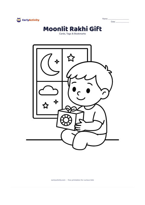 Worksheet: Show a child sitting beside a window at evening, holding a small rakhi gift box with a large circular rakhi on its lid; include a crescent moon, two clouds, and a few stars outside.…
