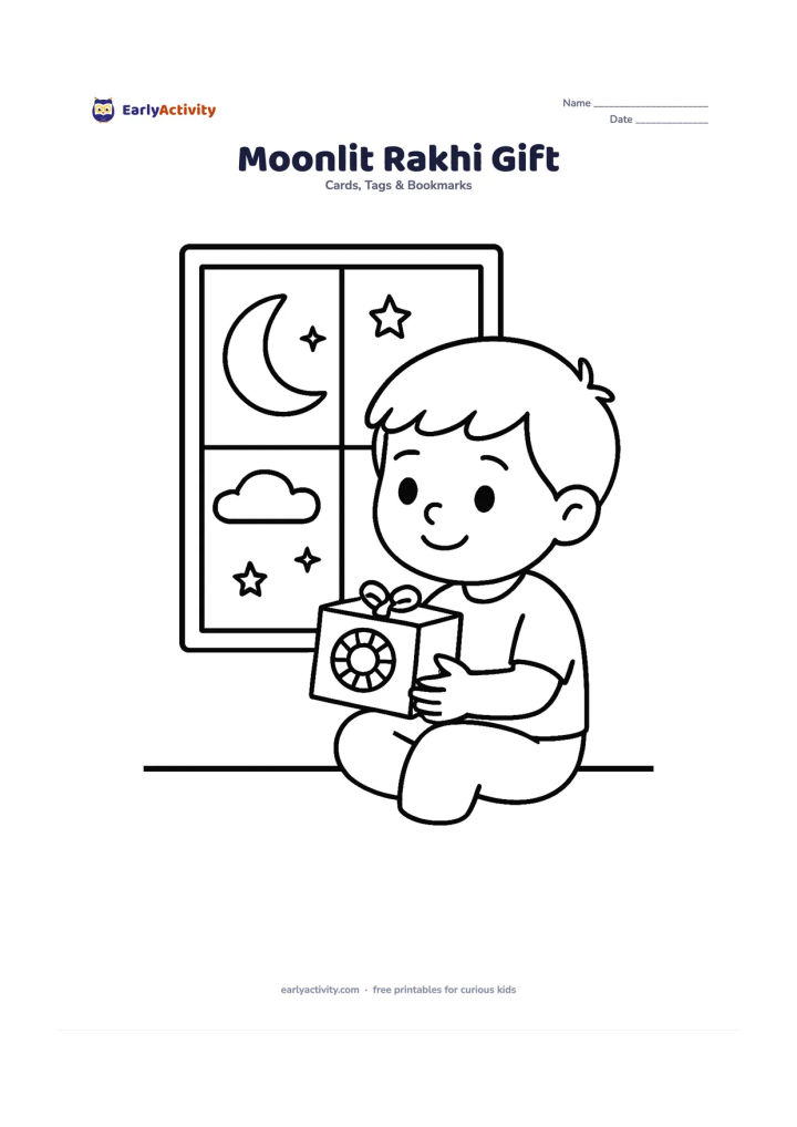Worksheet: Show a child sitting beside a window at evening, holding a small rakhi gift box with a large circular rakhi on its lid; include a crescent moon, two clouds, and a few stars outside.…