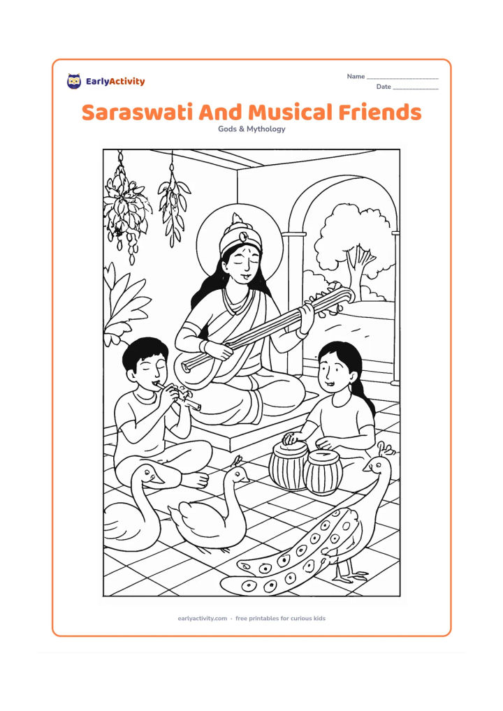 Colouring page: Saraswati leads a small group of children playing a veena, flute, and drum in a shaded courtyard. Include a swan, a peacock, hanging plants, patterned floor tiles, and an open doorway…