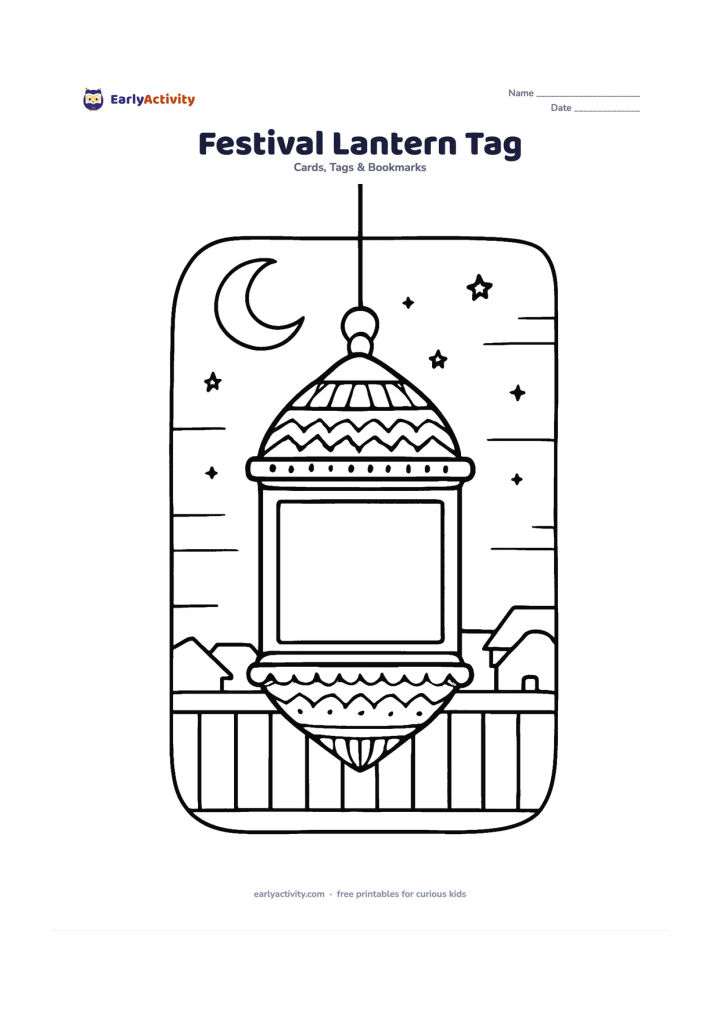 Worksheet: Draw a hanging festival lantern-shaped gift tag at dusk, with a crescent moon, small stars, a balcony railing and a row of distant rooftops. Put a large blank panel on the lantern body…