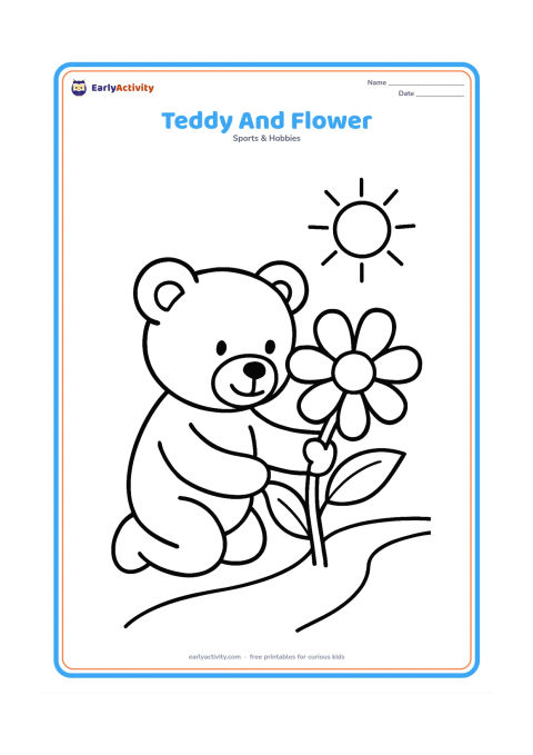Colouring page: A teddy bear kneels beside one oversized flower and gently holds its stem. Add two leaves, a sun and a small curved garden path.