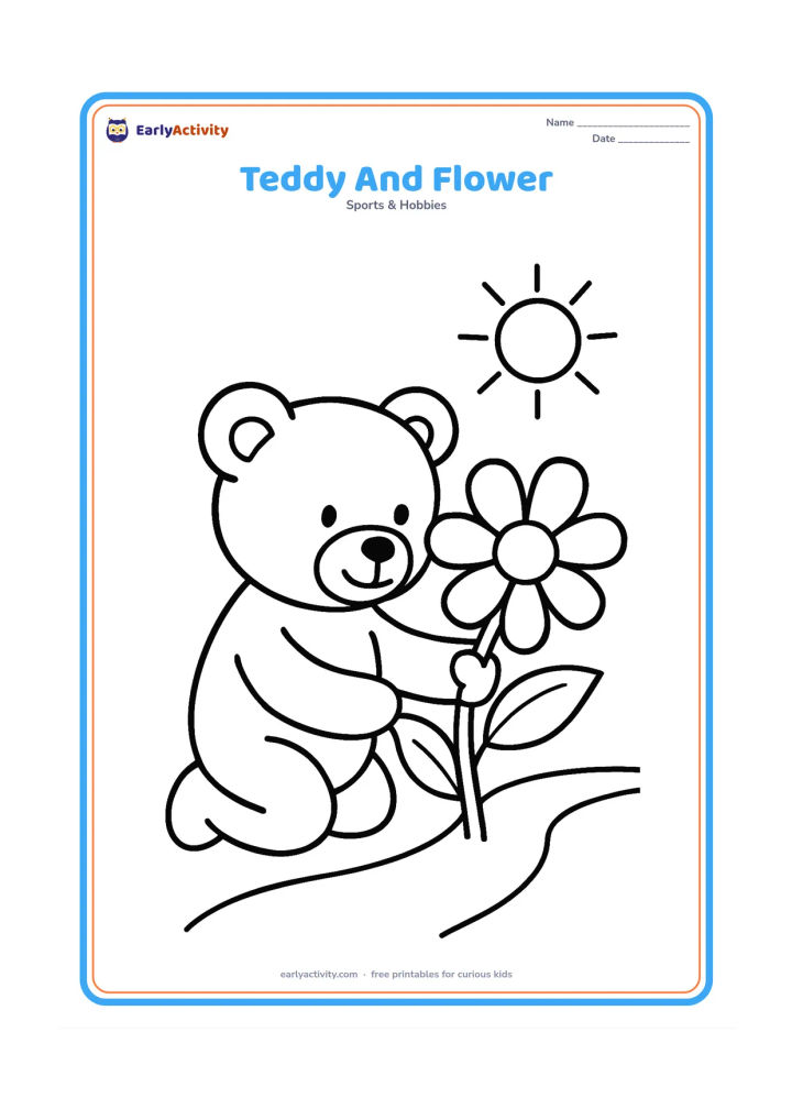 Colouring page: A teddy bear kneels beside one oversized flower and gently holds its stem. Add two leaves, a sun and a small curved garden path.