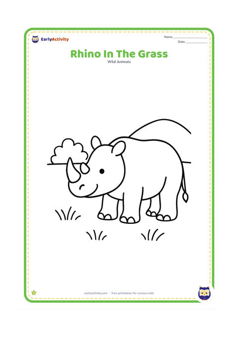 Colouring page: Draw one friendly rhinoceros standing side-on in short grass, with its head lowered slightly. Add one small bush and a rounded hill in the background.