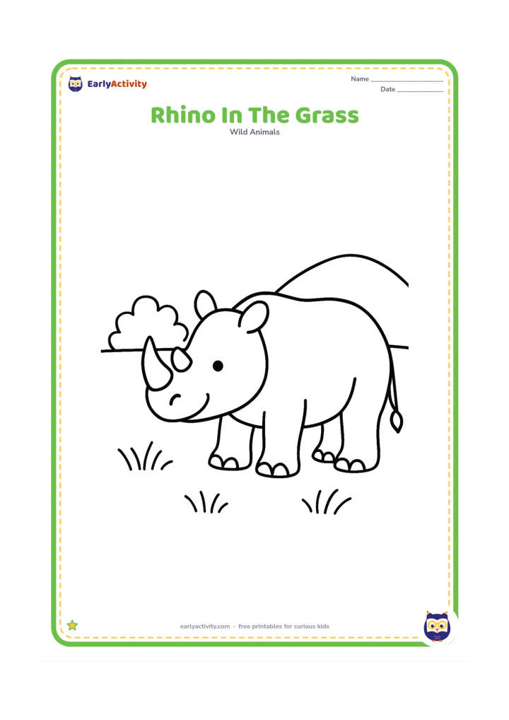 Colouring page: Draw one friendly rhinoceros standing side-on in short grass, with its head lowered slightly. Add one small bush and a rounded hill in the background.
