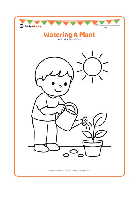 Colouring page: Draw a child gently watering a small potted plant with a large watering can. Include two broad leaves, a sun, a few simple stones and a clean ground line.