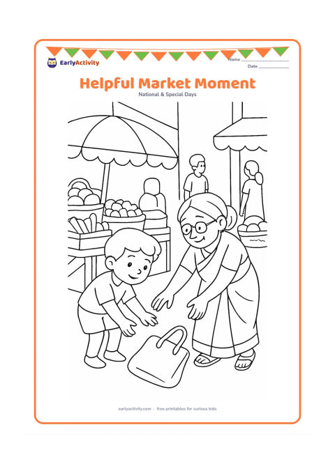 Colouring page: Draw a child helping an elderly shopper pick up a fallen cloth bag in an Indian market lane. Include a vegetable stall, baskets, an umbrella canopy and a few calm background shoppers.