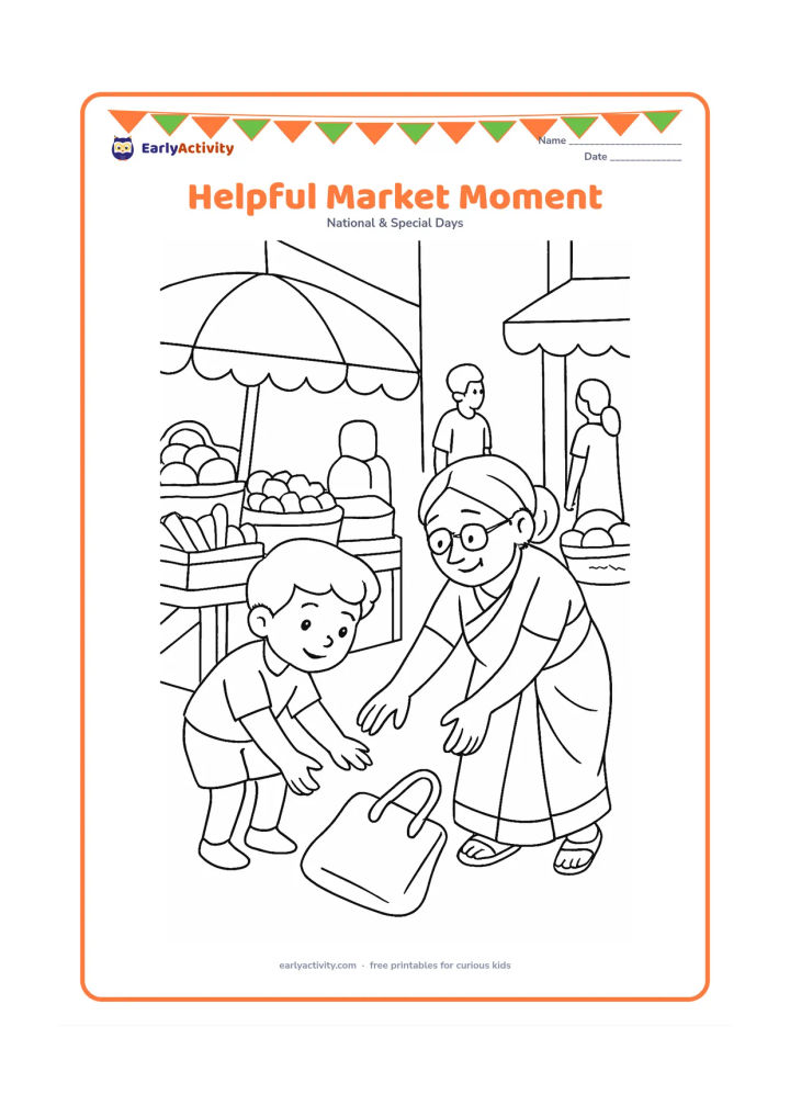 Colouring page: Draw a child helping an elderly shopper pick up a fallen cloth bag in an Indian market lane. Include a vegetable stall, baskets, an umbrella canopy and a few calm background shoppers.