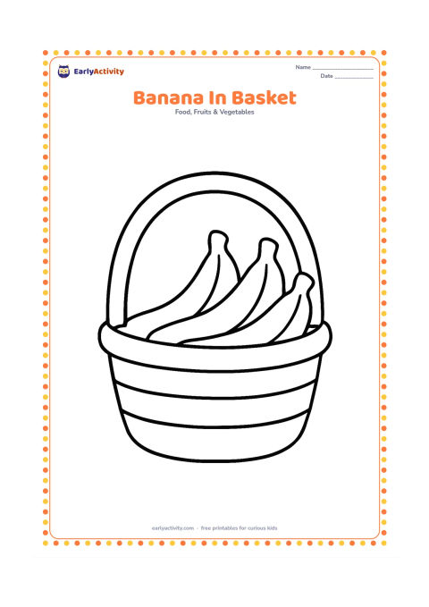 Colouring page: Draw a shallow basket holding three large bananas, with a simple curved handle and a few wide basket bands. Keep the basket fully visible from the front.