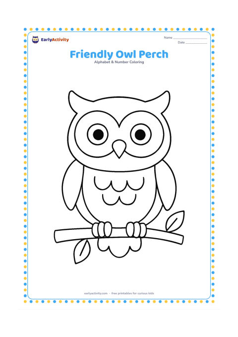 Colouring page: Draw a friendly owl sitting upright on a short tree branch, with large round eyes, simple feathers and two leaves behind it. Keep the owl centred and full-bodied.