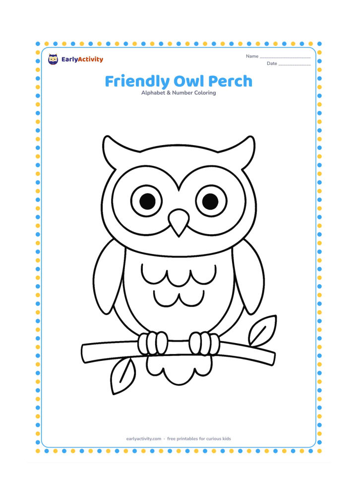 Colouring page: Draw a friendly owl sitting upright on a short tree branch, with large round eyes, simple feathers and two leaves behind it. Keep the owl centred and full-bodied.