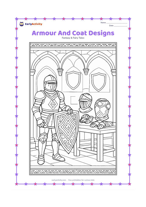 Colouring page: A standing knight displays an ornate shield beside a table holding separate armour pieces, including a helmet, breastplate, gauntlets, and boots. Add a castle hall with carved arches and…