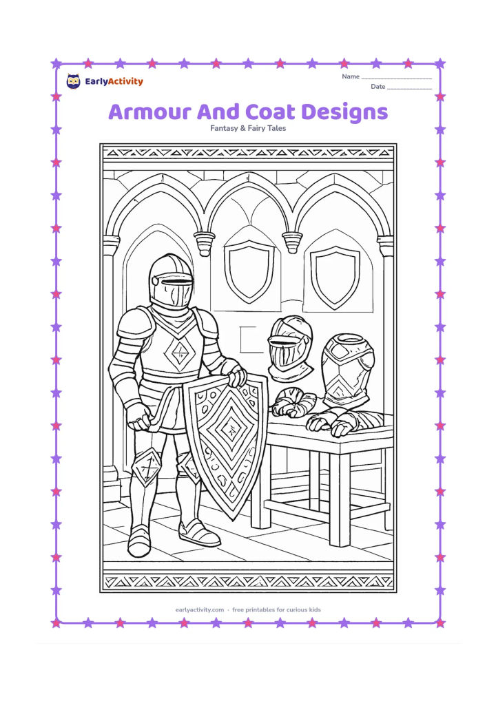 Colouring page: A standing knight displays an ornate shield beside a table holding separate armour pieces, including a helmet, breastplate, gauntlets, and boots. Add a castle hall with carved arches and…