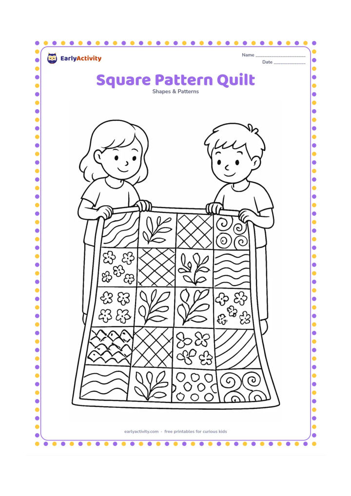 Colouring page: A large quilt fills the page with many connected squares, each containing a different repeating pattern such as waves, leaves, checks, spirals, or small flowers. Two children fold it…