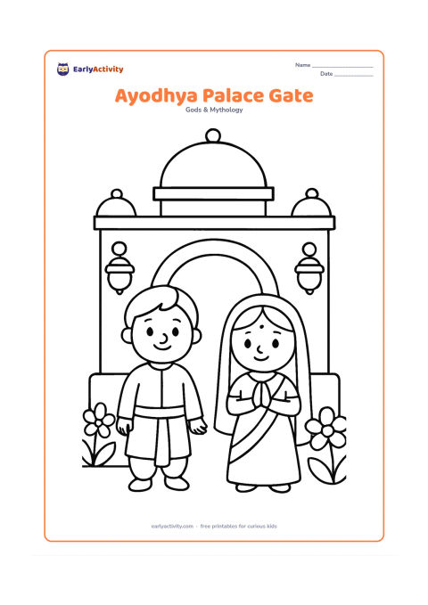 Colouring page: Ram and Sita stand at the entrance to a friendly palace with rounded columns, an arched doorway, two lamps, and large flowers.