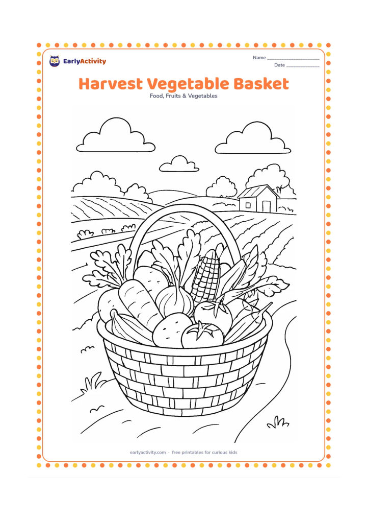 Colouring page: Draw a woven basket overflowing with freshly harvested carrots, potatoes, onions, corn, tomatoes, okra, brinjals, and leafy greens on a farm path. Add garden rows, a small shed, and…