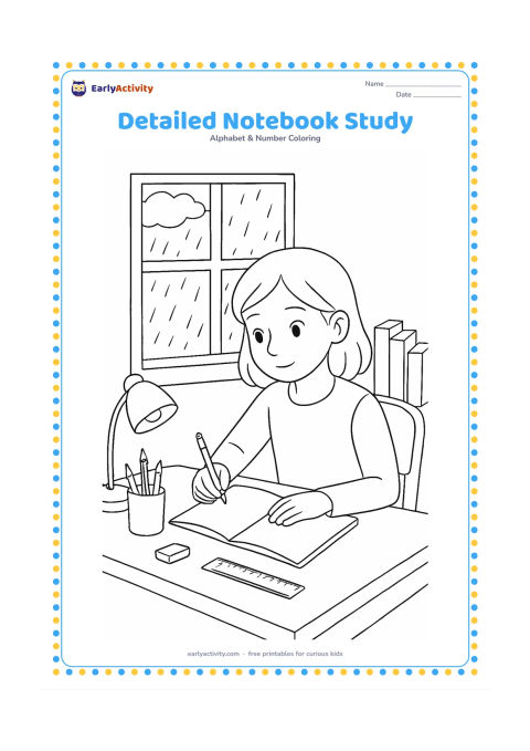 Colouring page: Draw an older child studying at a desk with an open completely blank notebook, pencil holder, ruler, eraser, lamp, books with blank spines, and a window showing a rainy afternoon. No…