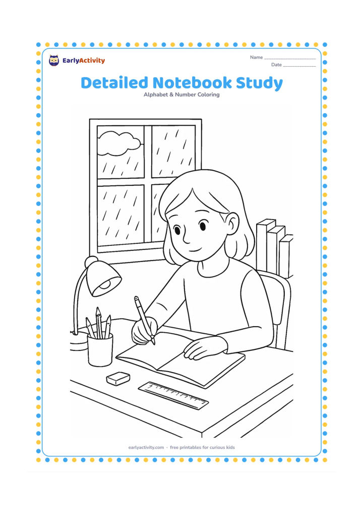 Colouring page: Draw an older child studying at a desk with an open completely blank notebook, pencil holder, ruler, eraser, lamp, books with blank spines, and a window showing a rainy afternoon. No…