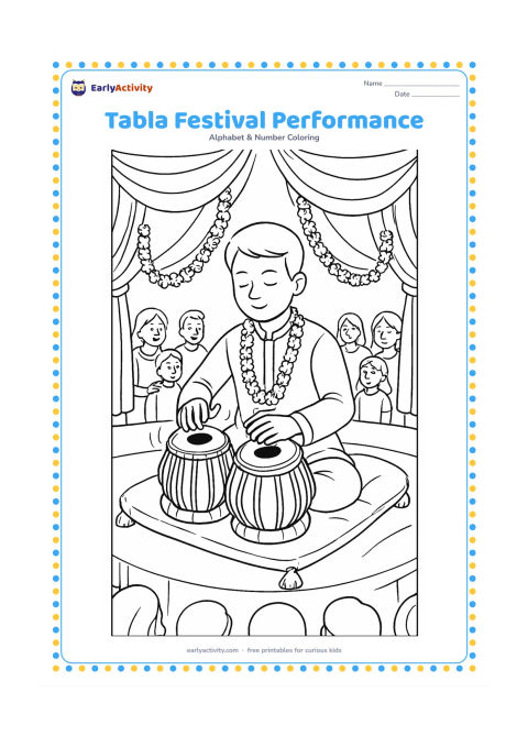 Colouring page: Draw a seated tabla player performing on a decorated stage, with two drums, floor cushions, hanging fabric, flower garlands, and an audience of families in the background. Include…
