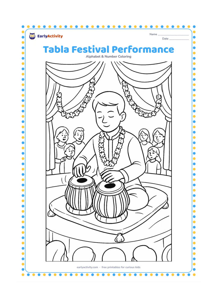 Colouring page: Draw a seated tabla player performing on a decorated stage, with two drums, floor cushions, hanging fabric, flower garlands, and an audience of families in the background. Include…