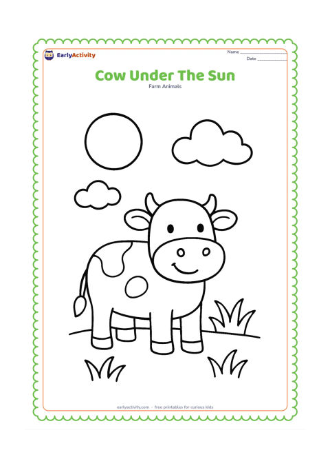 Colouring page: A happy cow stands beneath a large round sun, with two soft clouds and a few broad grass tufts around its feet. The cow faces slightly to the side.