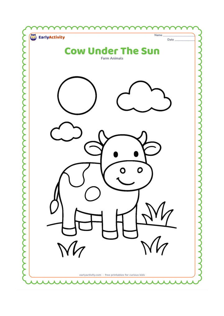 Colouring page: A happy cow stands beneath a large round sun, with two soft clouds and a few broad grass tufts around its feet. The cow faces slightly to the side.