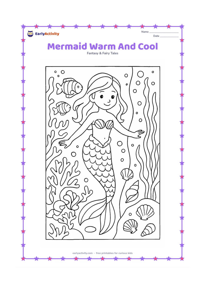 Colouring page: A mermaid floats at the centre of a divided underwater scene: one side has warm coral, orange-shaped shells and tropical fish, while the other has cool kelp, icy bubbles and pale…