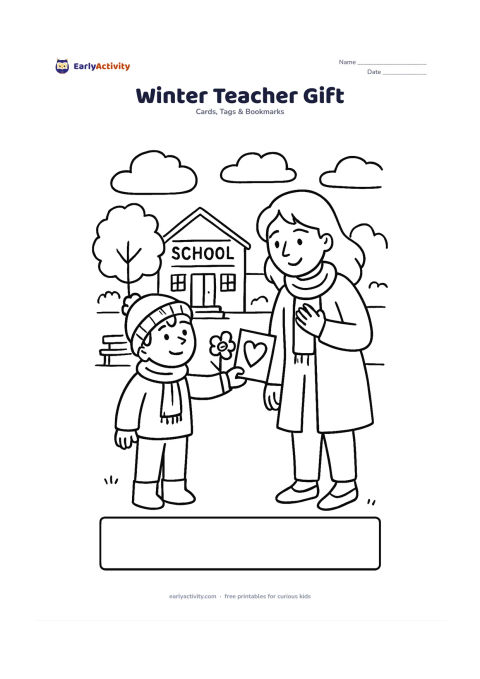 Worksheet: A child in warm clothing gives a handmade card and flower to a teacher outside a school on a cool morning, with scarves, a tree, benches and soft clouds in the background. Leave a large…