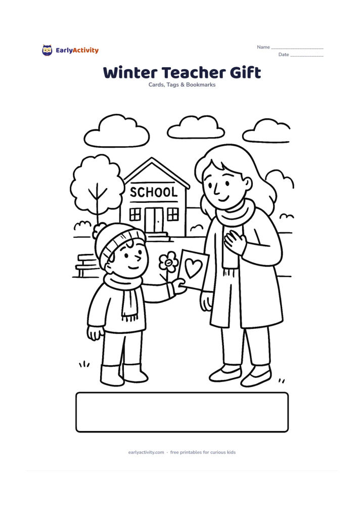 Worksheet: A child in warm clothing gives a handmade card and flower to a teacher outside a school on a cool morning, with scarves, a tree, benches and soft clouds in the background. Leave a large…