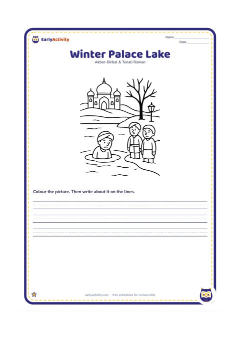 Printable: Show the palace, a frozen-looking winter lake, a bare tree and the poor man standing in the water while a distant lamp shines from the bank. Akbar and Birbal watch from the shore.