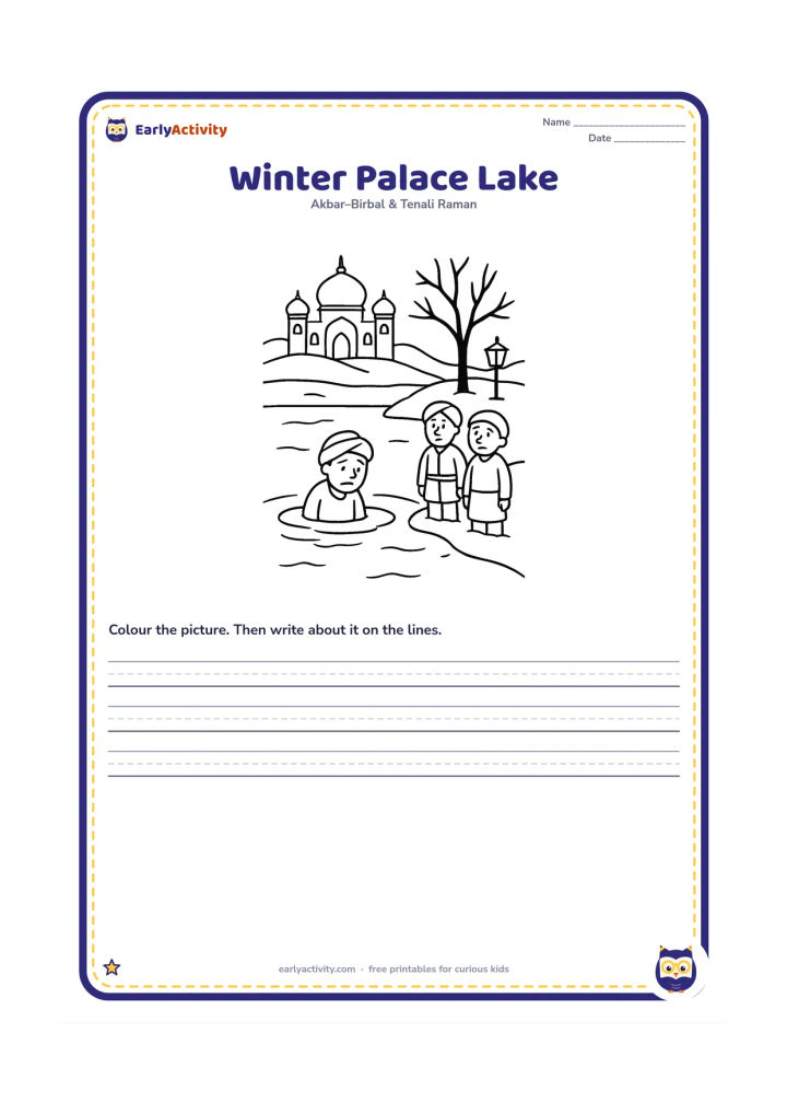 Printable: Show the palace, a frozen-looking winter lake, a bare tree and the poor man standing in the water while a distant lamp shines from the bank. Akbar and Birbal watch from the shore.