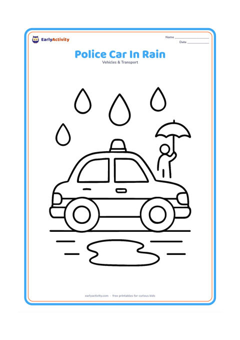 Colouring page: Draw a side-view police car with a roof light driving on a wet road during gentle rain. Add three large raindrops, a puddle and one simple umbrella held by a distant pedestrian.