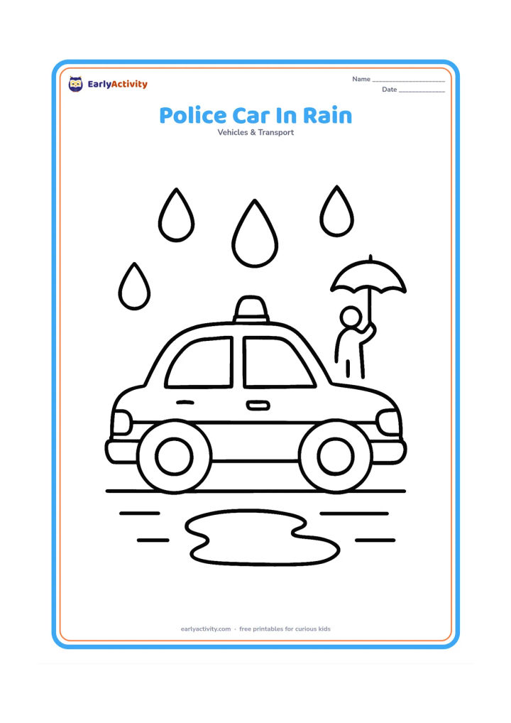 Colouring page: Draw a side-view police car with a roof light driving on a wet road during gentle rain. Add three large raindrops, a puddle and one simple umbrella held by a distant pedestrian.