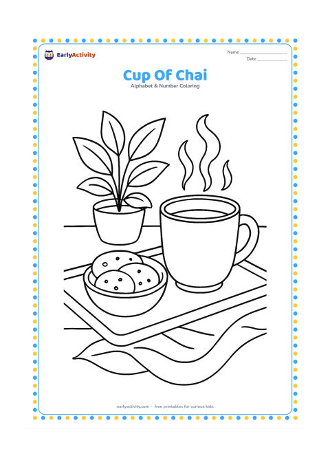 Colouring page: A steaming cup of chai sits on a tray beside a small bowl of biscuits, with a patterned cloth and a potted plant in the background. Keep the cup blank with no writing or symbols.