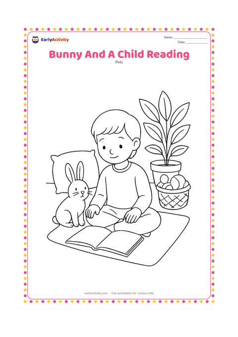 Colouring page: Draw a child sitting on a floor mat with a calm bunny beside them and an open picture book resting between them. Show only blank page shapes in the book, along with cushions, a toy…