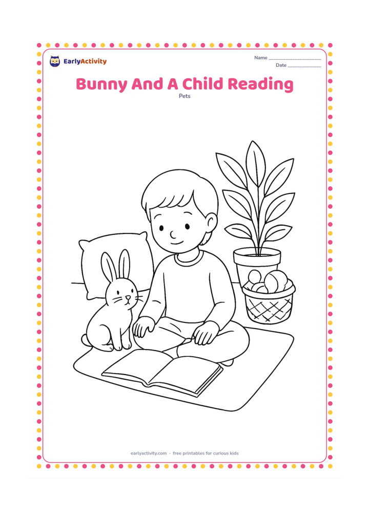 Colouring page: Draw a child sitting on a floor mat with a calm bunny beside them and an open picture book resting between them. Show only blank page shapes in the book, along with cushions, a toy…